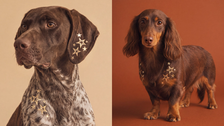 Two dogs wearing gold star patches on their fur: a brown and white dog on the left and a long-haired dachshund on the right.