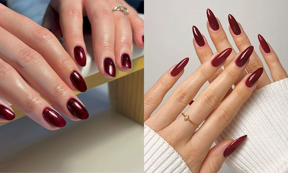 side by side images of garnet nails