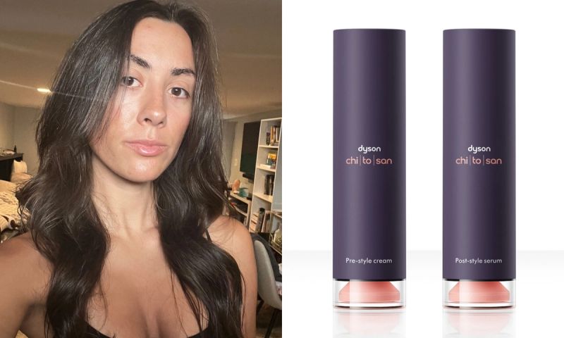 side by side images of woman with glossy brown hair and Dyson's Pre-Style Cream and Post-Style Serum bottles