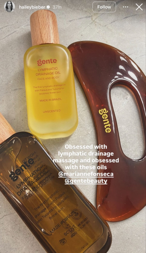 Hailey Bieber promoting Gente oil on instagram stories