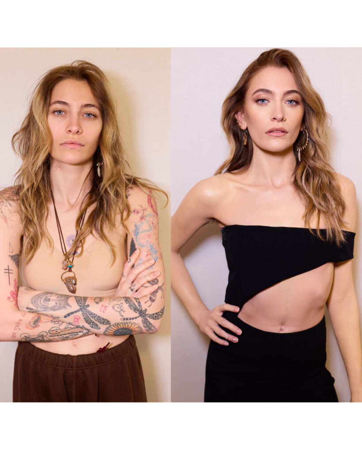 Before and After image showing Paris Jackson, with tattoos on her arms in left image, without tattoos in the right image. 