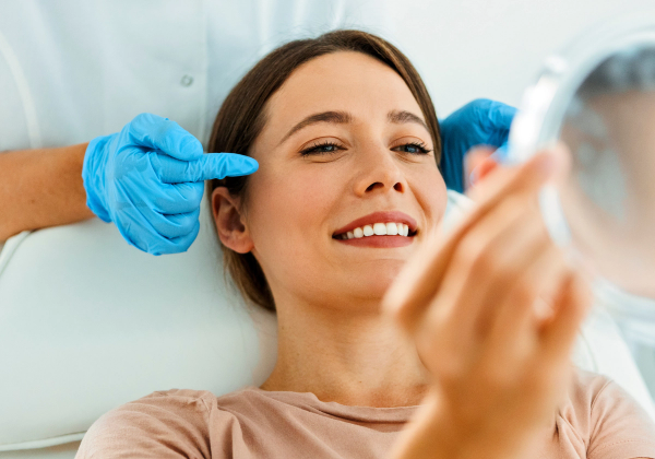 Patient looks in a mirror during a medspa consultation with a provider wearing blue gloves.