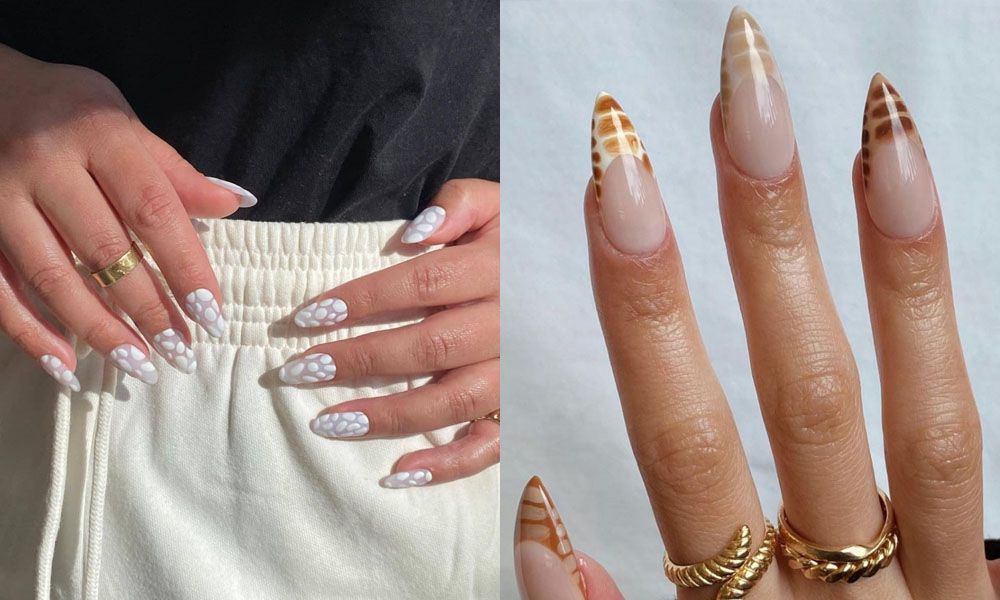 side by side images of manicured hands with crocodile-themed nail art