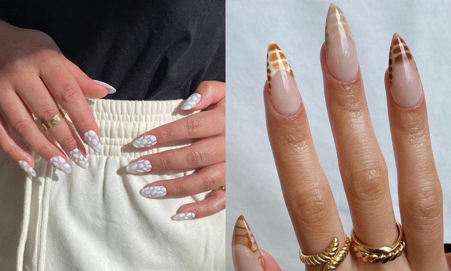 side by side images of manicured hands with crocodile-themed nail art