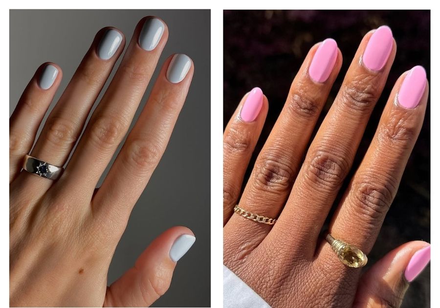 Side-by-side manicure featuring glossy baby blue nails on one hand and bright pink nails on the other, showcasing contrasting spring nail color ideas for April.