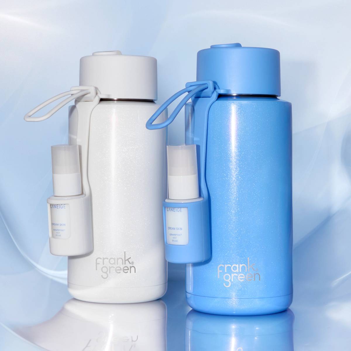 The Laneige x frank green bundle pairs a shimmer-finish 34 oz bottle with a clip-on Cream Skin Mist for hydration on the go.
