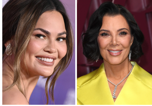 Side-by-side portraits of Chrissy Teigen smiling on the left and Kris Jenner wearing a bright yellow jacket on the right.