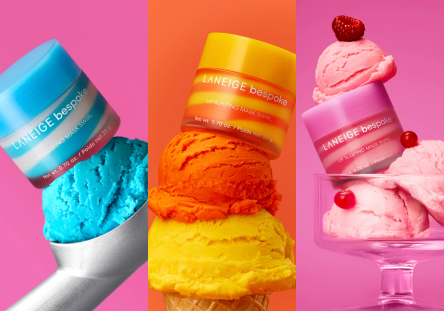 Laneige Bespoke Lip Sleeping Mask jars in different colorways, each paired with a matching ice cream scoop, representing the launch's mix-and-match flavor options.