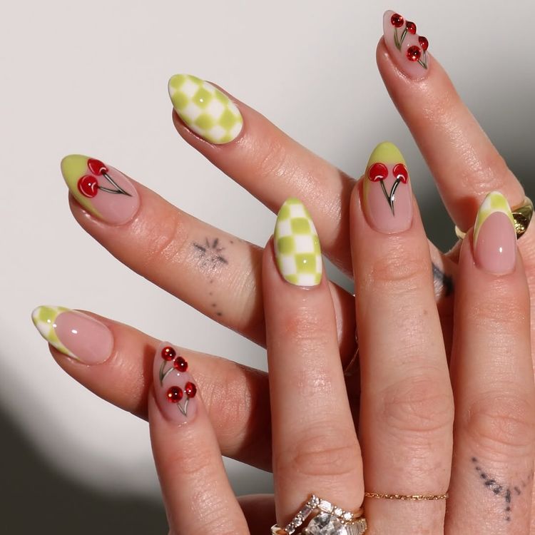 checkerboard cherry nails