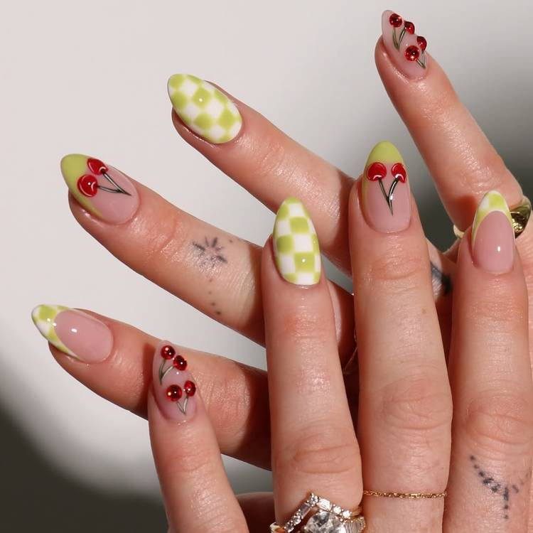 checkerboard cherry nails