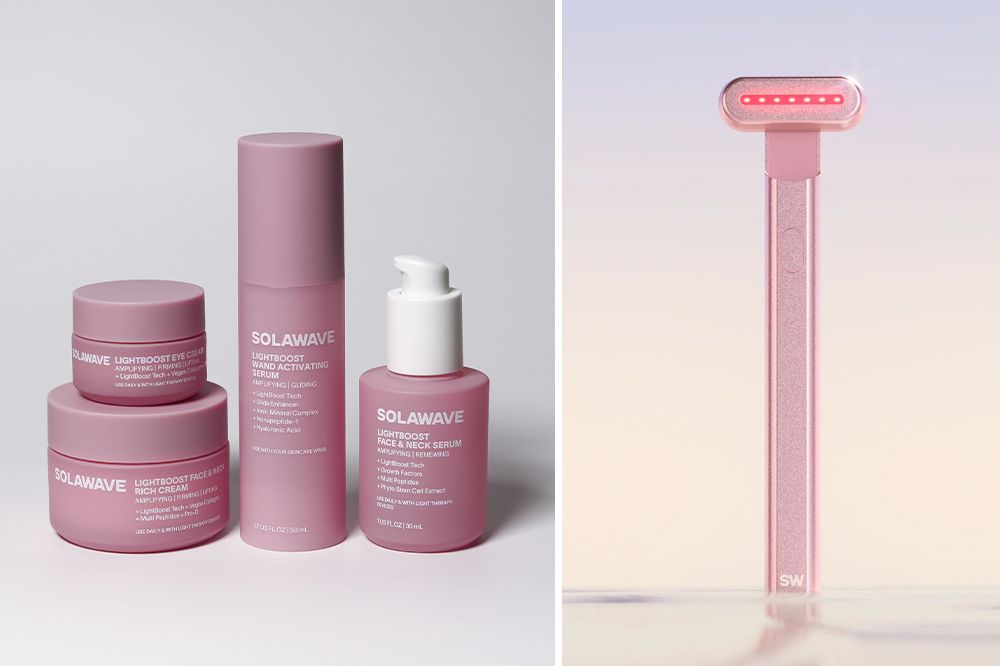 A side by side collage of solawave skin care products. The photo on the left has four skincare products and the photo on the right has a razor