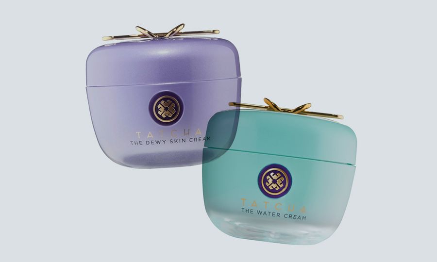 Tatcha moisturizers on gray background