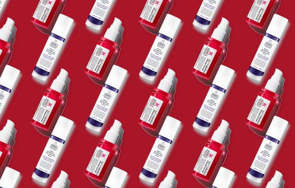 Repeating pattern of Kiehl's Retinol Micro-Dose Serum and CollaShot Plump Serum bottles on a red background
