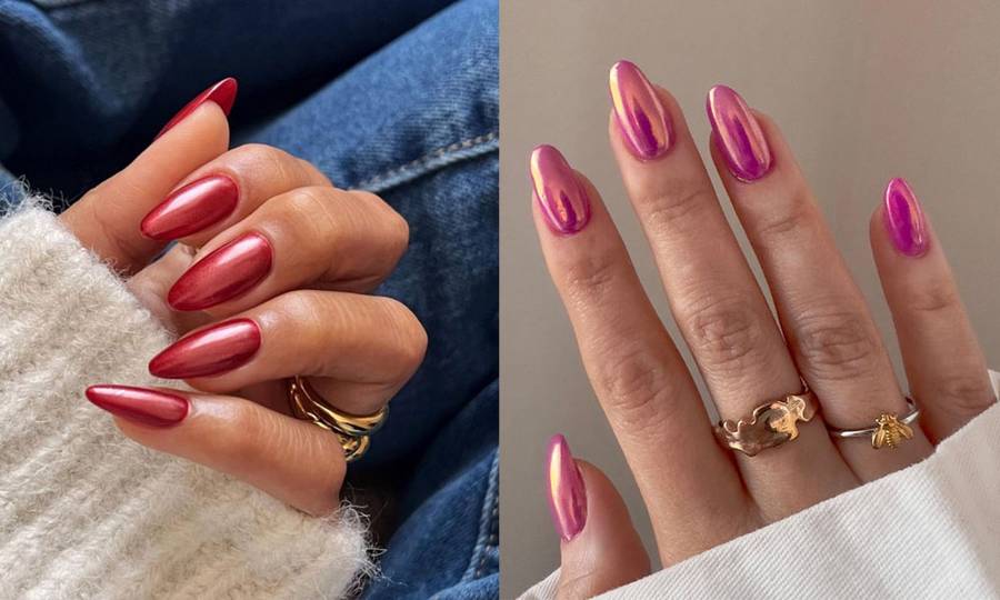 red and pink chrome nails