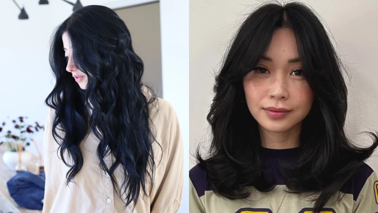 Side-by-side of two women with glossy blue-black hair: one with long wavy layers, the other with a curtain-bang lob, showing the deep, jewel-toned Blue-Black hair color trend.