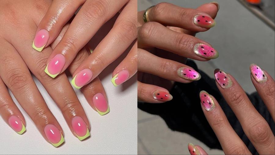 Side-by-side close-ups of two summer manicures: glossy pink aura nails with neon-green French tips, and shimmering pink-and-green watermelon nails dotted with black seeds.