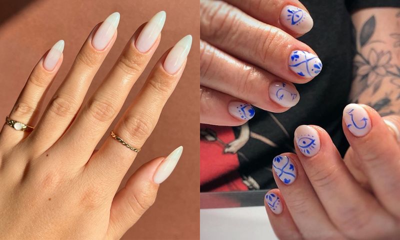 side by side images of porcelain-inspired manicures
