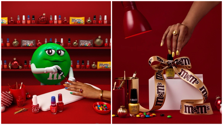 Two holiday scenes from the OPI x M&M's collection: the green M&M's character paints a customer's nails, and a hand with gold polish touches a bottle tied with an M&M's ribbon.