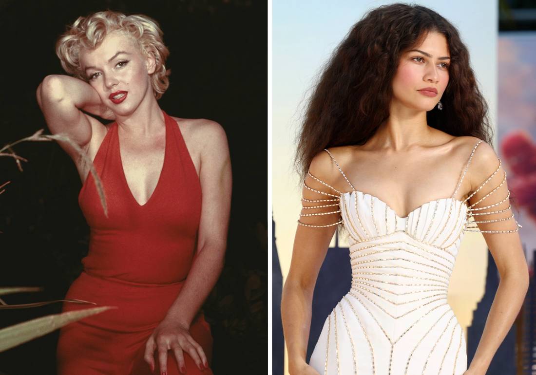 Side-by-side of Marilyn Monroe in a plunging red halter gown and Zendaya in a white beaded corset gown, illustrating two eras' takes on the hourglass silhouette.
