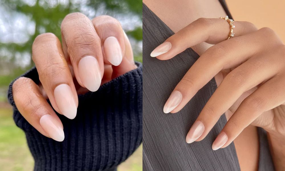 side by side images of manicured hands with naked french manicures
