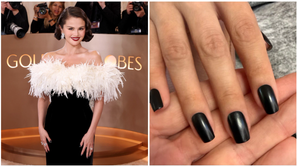 Selena Gomez at the Golden Globes and a close-up of her glossy black square manicure.