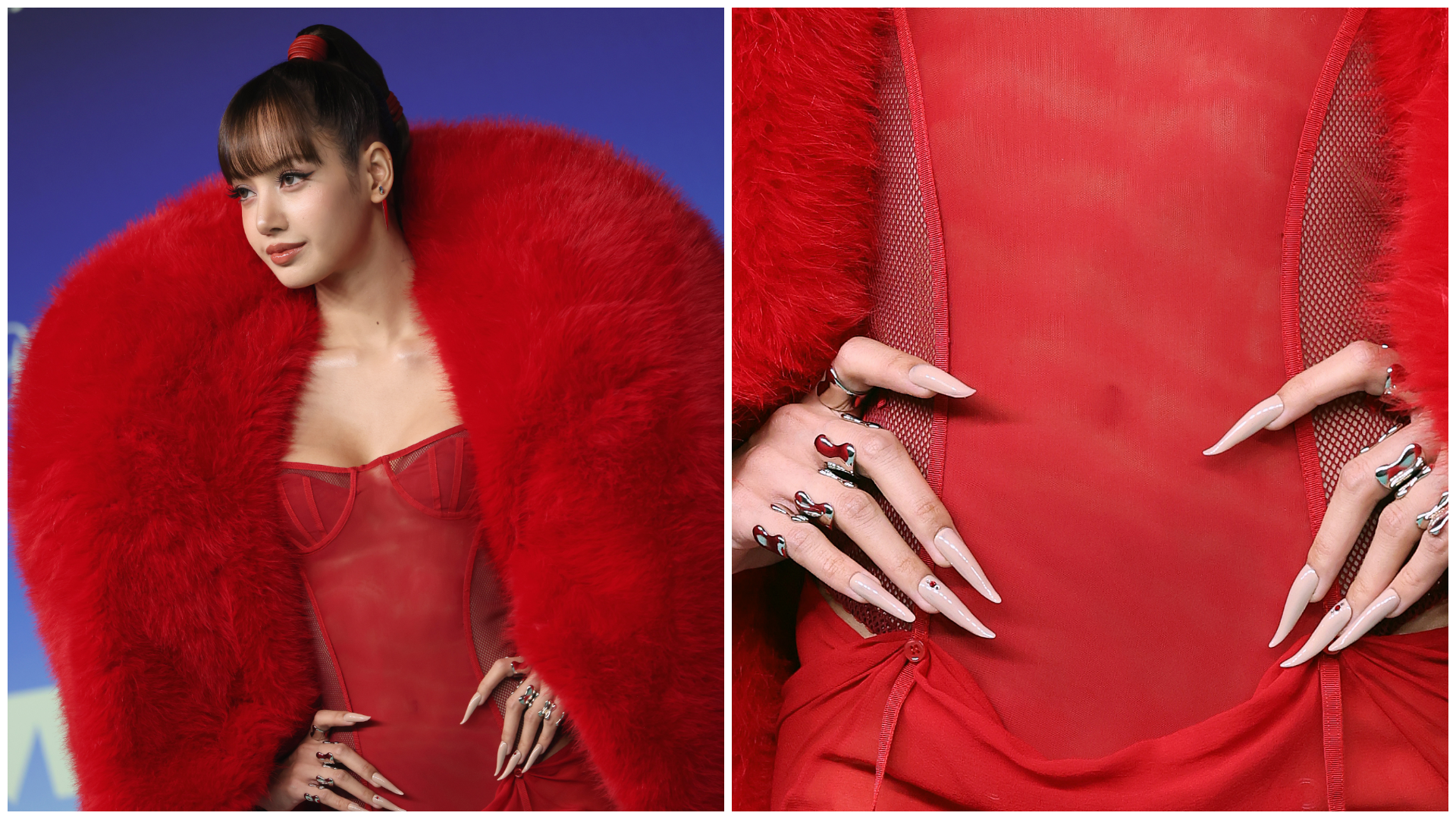 Blackpink's Lisa on the 2026 VMAs red carpet in a red fur-collared coat and sheer red gown, with a close-up of her curved, nude stiletto-shaped nails accented with small red gemstones and stacked metallic rings.