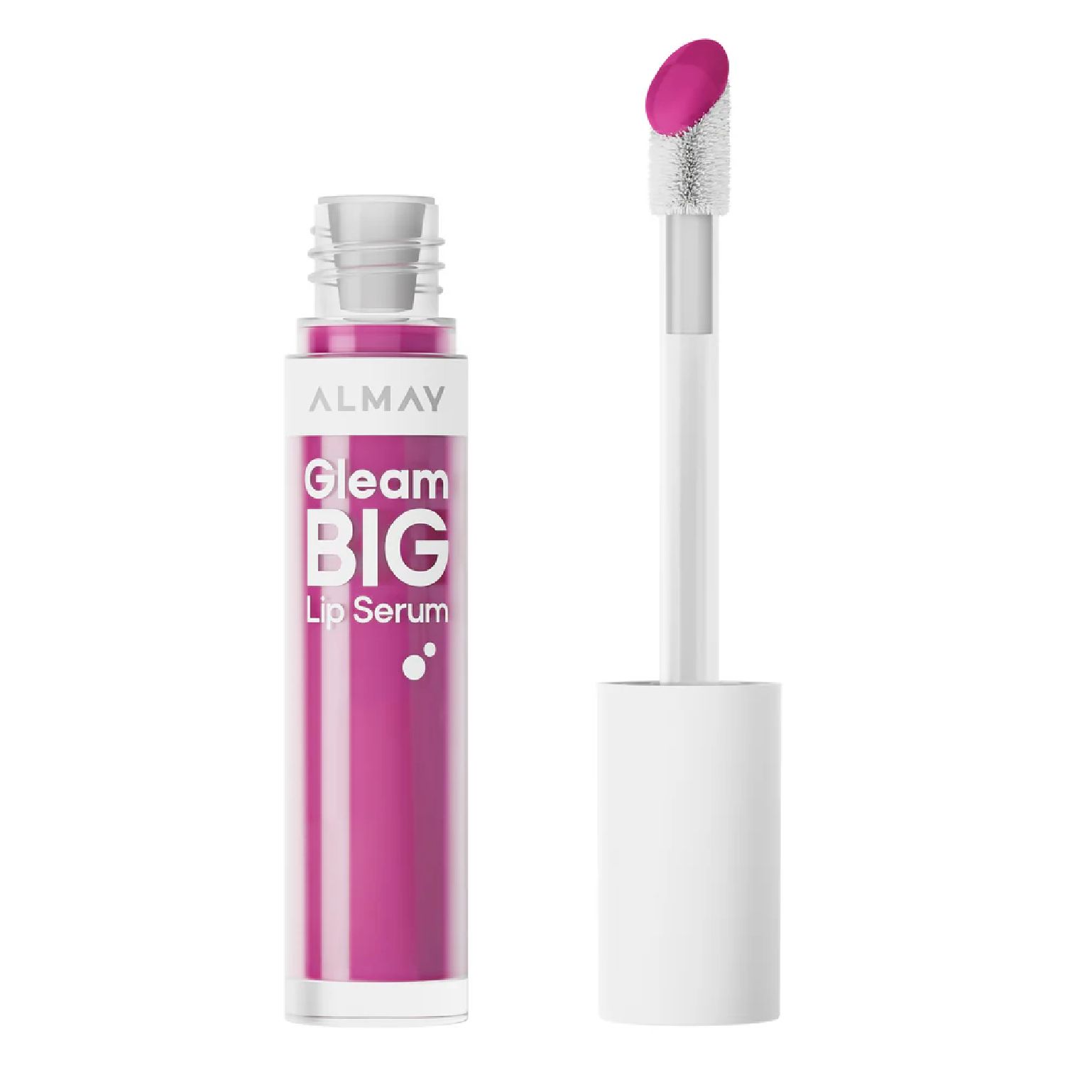 Almay Gleam Big Lip Serum in a bright pink shade, shown with clear tube, white cap, and plush doe-foot applicator on a white background.