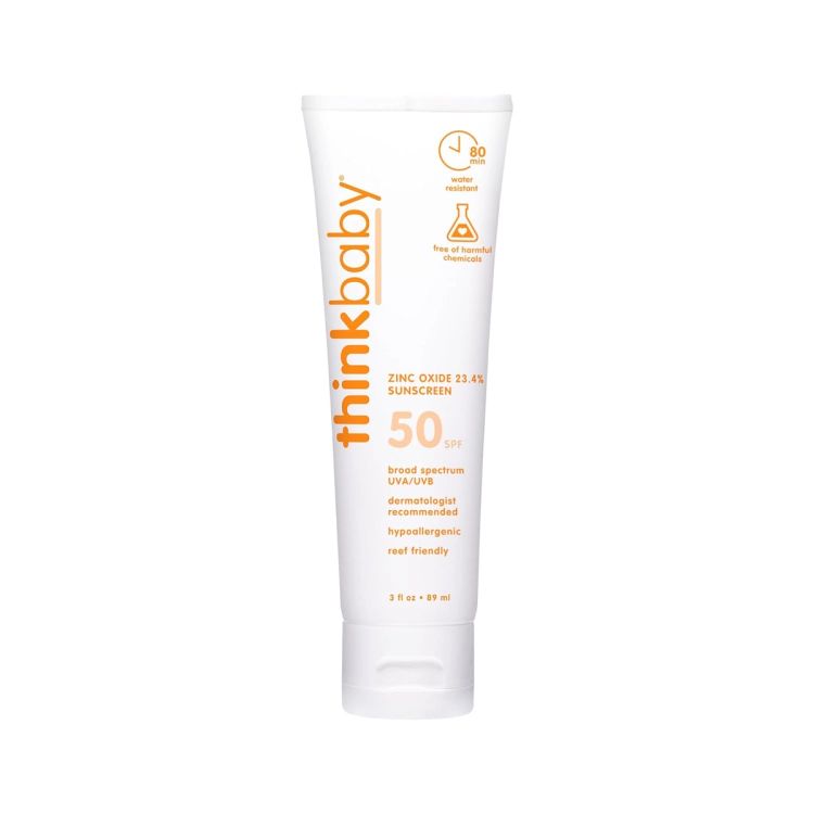 Thinkbaby SPF 50 mineral baby sunscreen with 23.4% zinc oxide in a white tube, labeled broad-spectrum UVA/UVB, water-resistant and reef-friendly.
