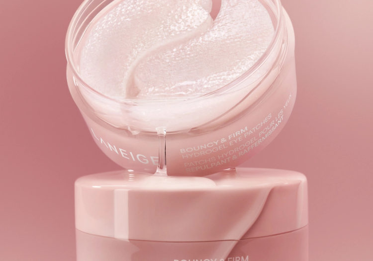 A close-up of LANEIGE’s new Bouncy & Firm Cooling Hydrogel Eye Patches, the brand’s first launch in the eye patch category and the star of its new campaign with BTS’s Jin.