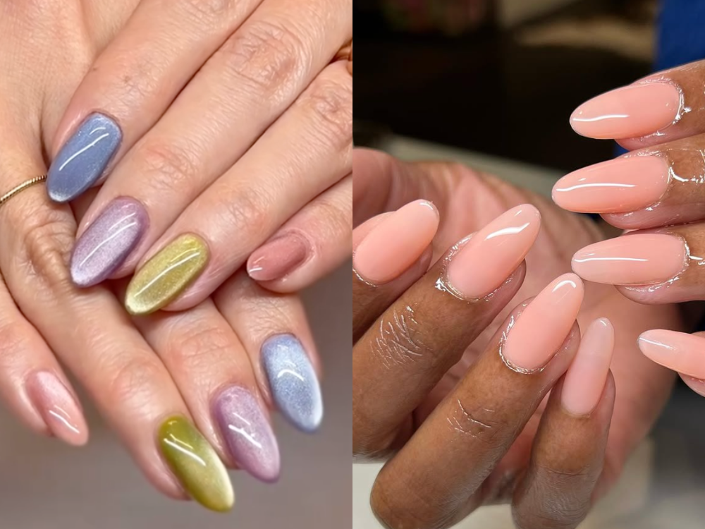 pastel cat eye nails and glossy pink nails