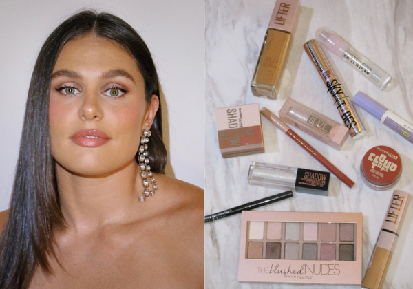 Ilona Maher wears soft pink makeup and crystal earrings beside a flat lay of Maybelline beauty products