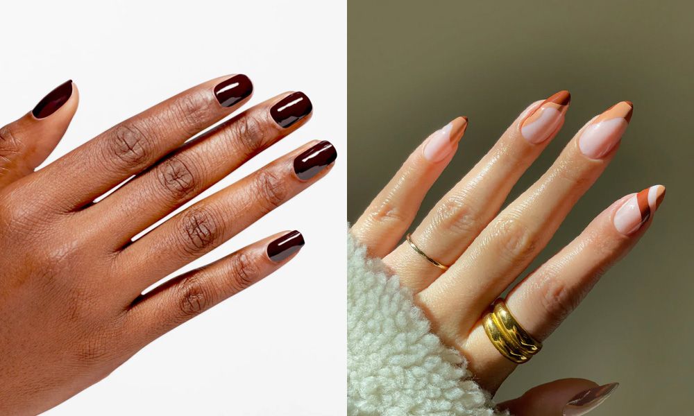 side by side images of hands with manicure of brown nail shades