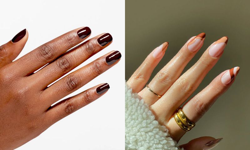 side by side images of hands with manicure of brown nail shades