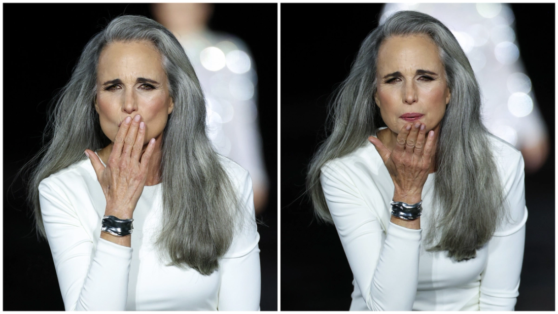 Andie MacDowell walks the runway during the Le Défilé L'Oréal Paris "Express Your Worth show as part of Paris Fashion Week on September 28, 2026 in Paris, France