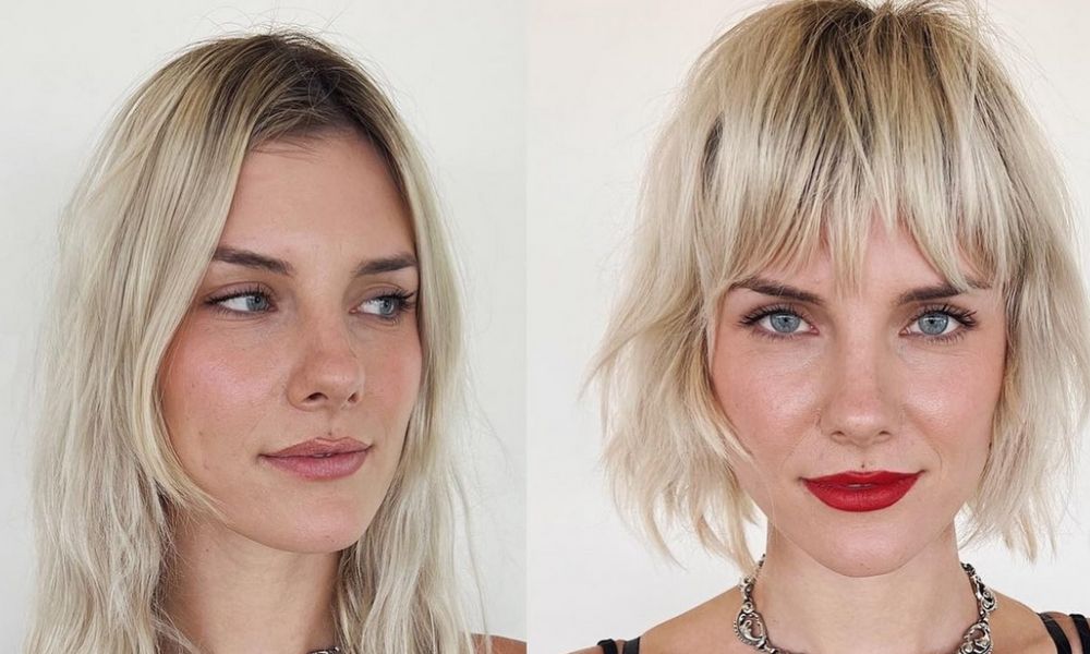 before and after of a woman with French bangs hairstyle
