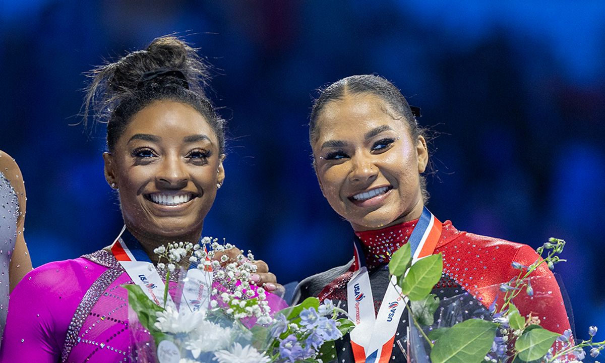 HARTFORD, CONNECTICUT:  MAY 18:  Simone Biles  after her gold medal win in the all-around competition with Shilese Jones, (left), who won the silver medal, and Jordan Chiles who won the bronze medal during the 2024 Core Hydration Gymnastics Classic at the XL Centre, Hartford on May 18th, 2024, in Hartford, Connecticut. USA. (Photo by Tim Clayton/Corbis via Getty Images)