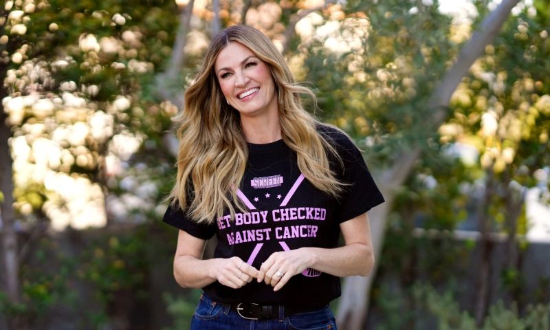 Erin Andrews wearing "Get Body Checked Against Cancer" t-shirt