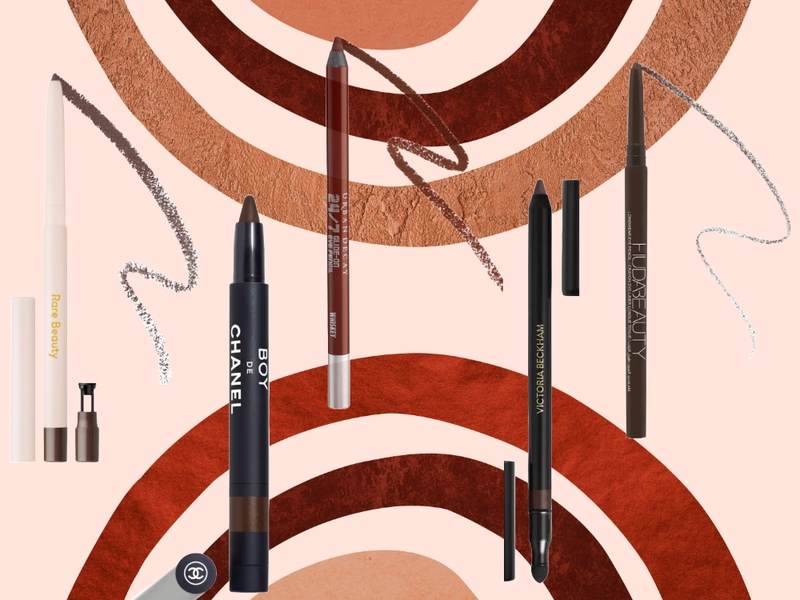 A collage of brown liners with makeup drawn in patterns in the background