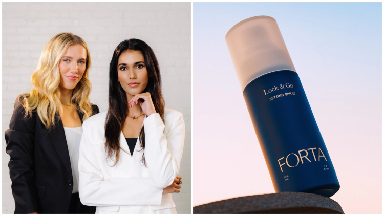 FORTA founders Lexie Hull and Sarah Guller, left, pose in tailored blazers against a white brick wall; right, a navy and frosted FORTA Lock & Go Setting Spray bottle against a pastel sunset sky.