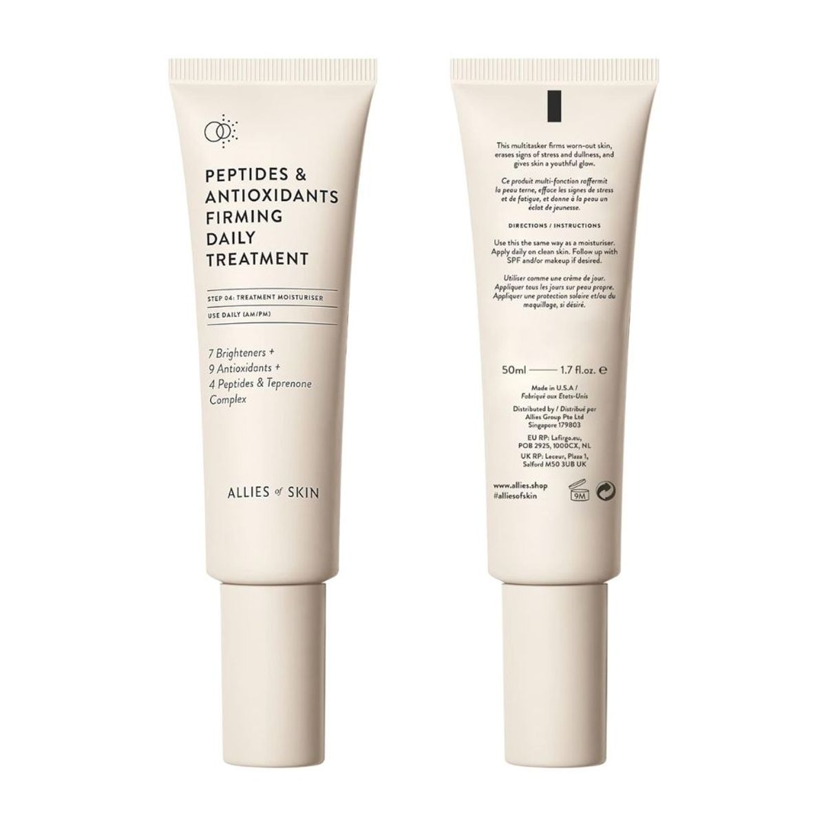 two bottles of Allies of Skin Peptides & Antioxidants Firming Daily Treatment side by side