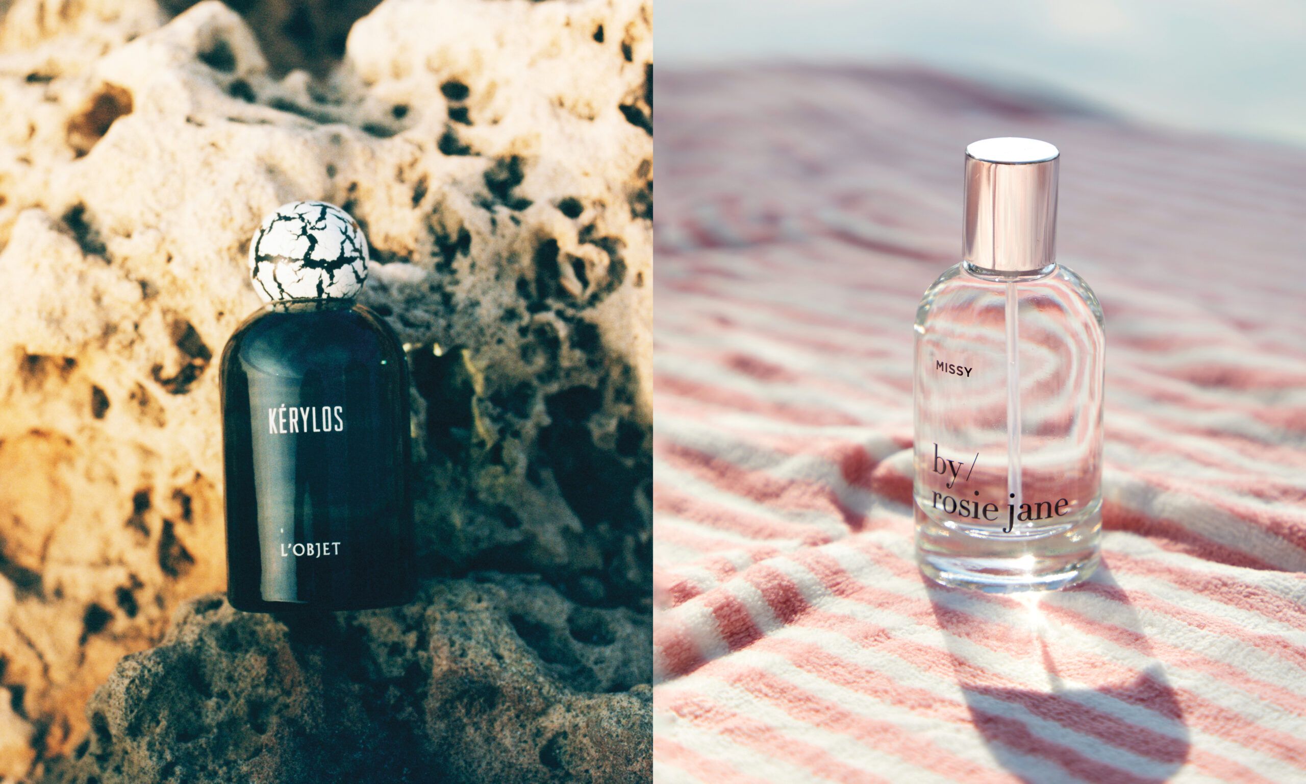 side by side of posed fragrance bottles outdoors