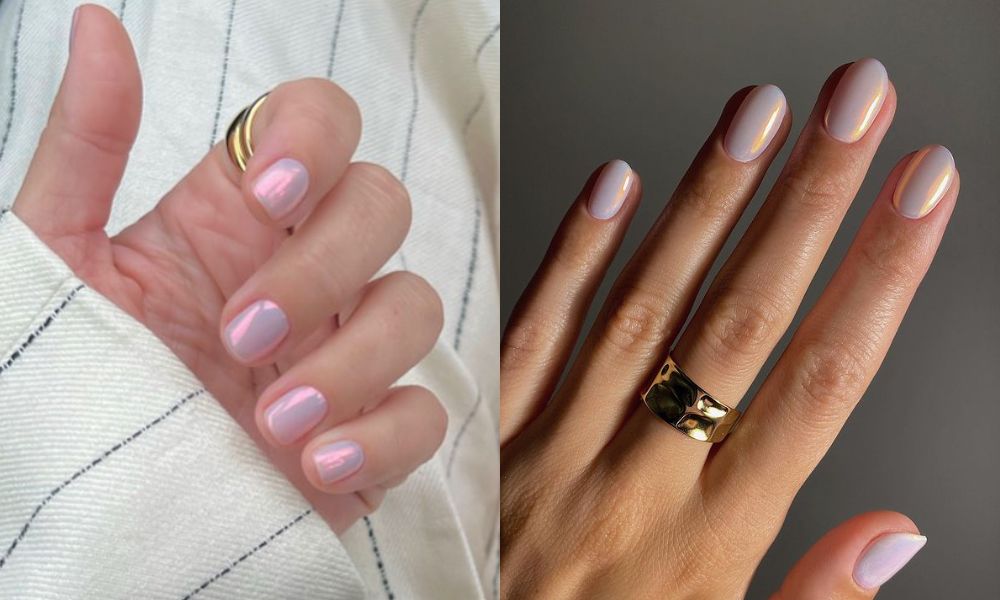 side by side images of opal-colored manicures