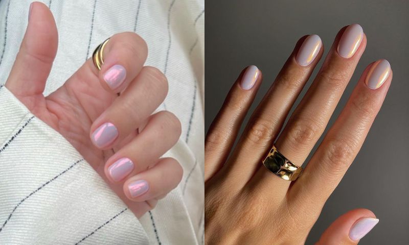 side by side images of opal-colored manicures