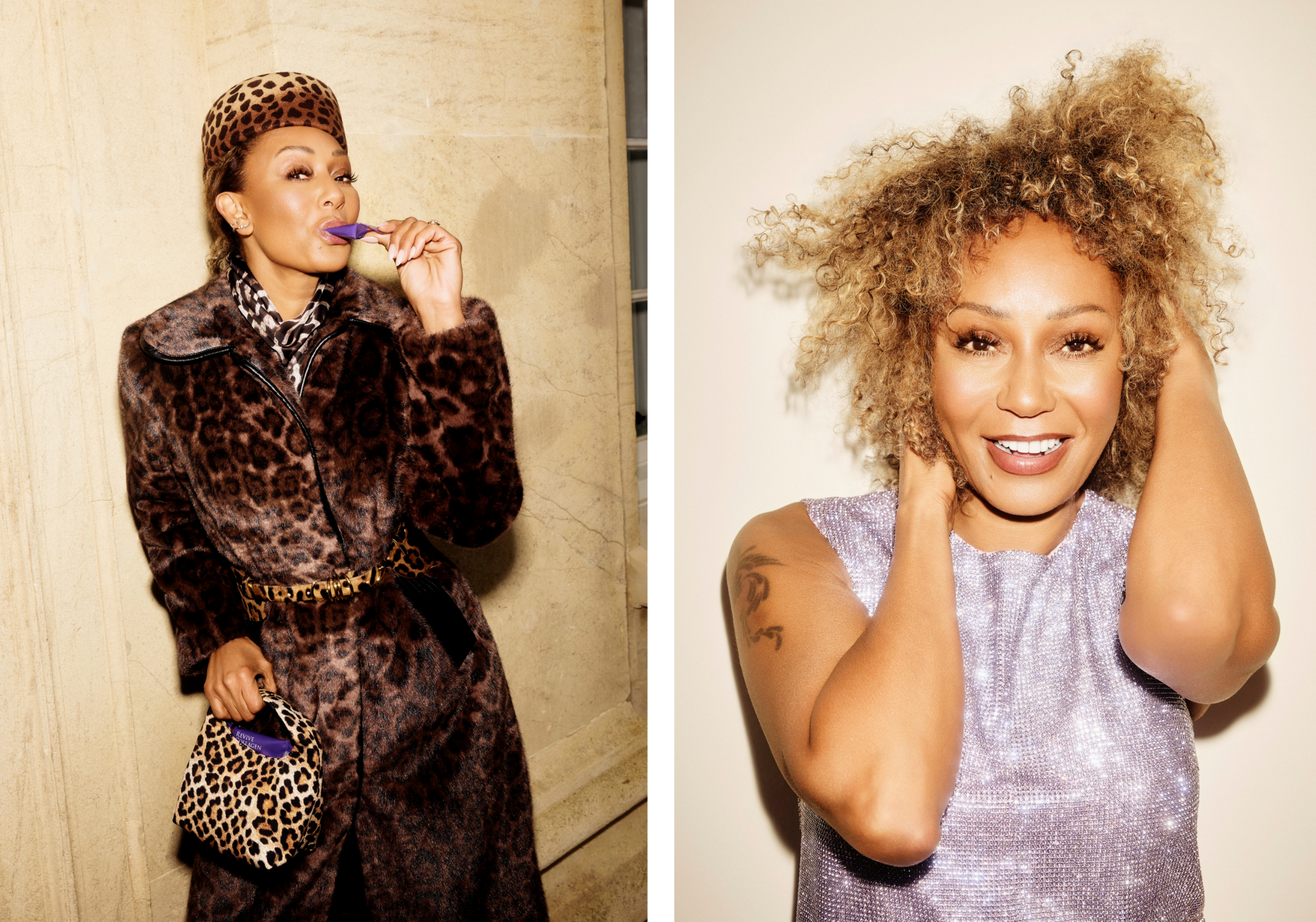 Mel B (Melanie Brown) poses in two portraits while discussing menopause, wellness and her Revive Collagen partnership