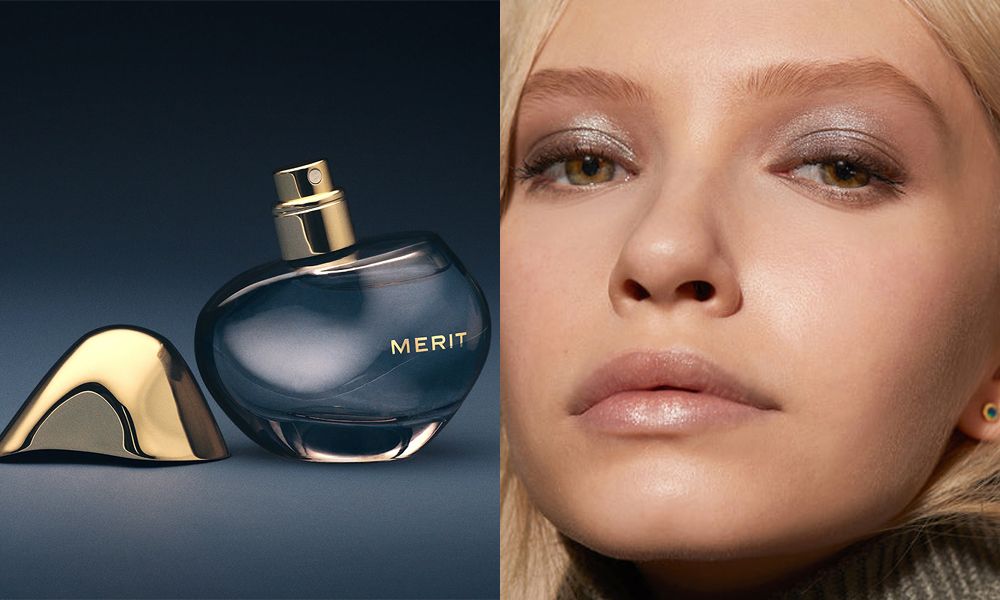 merit beauty perfume and jones road eye shadow on model