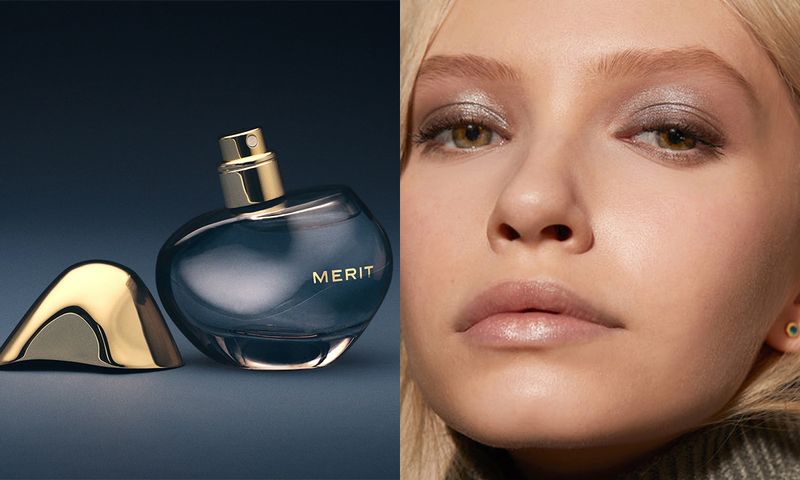 merit beauty perfume and jones road eye shadow on model