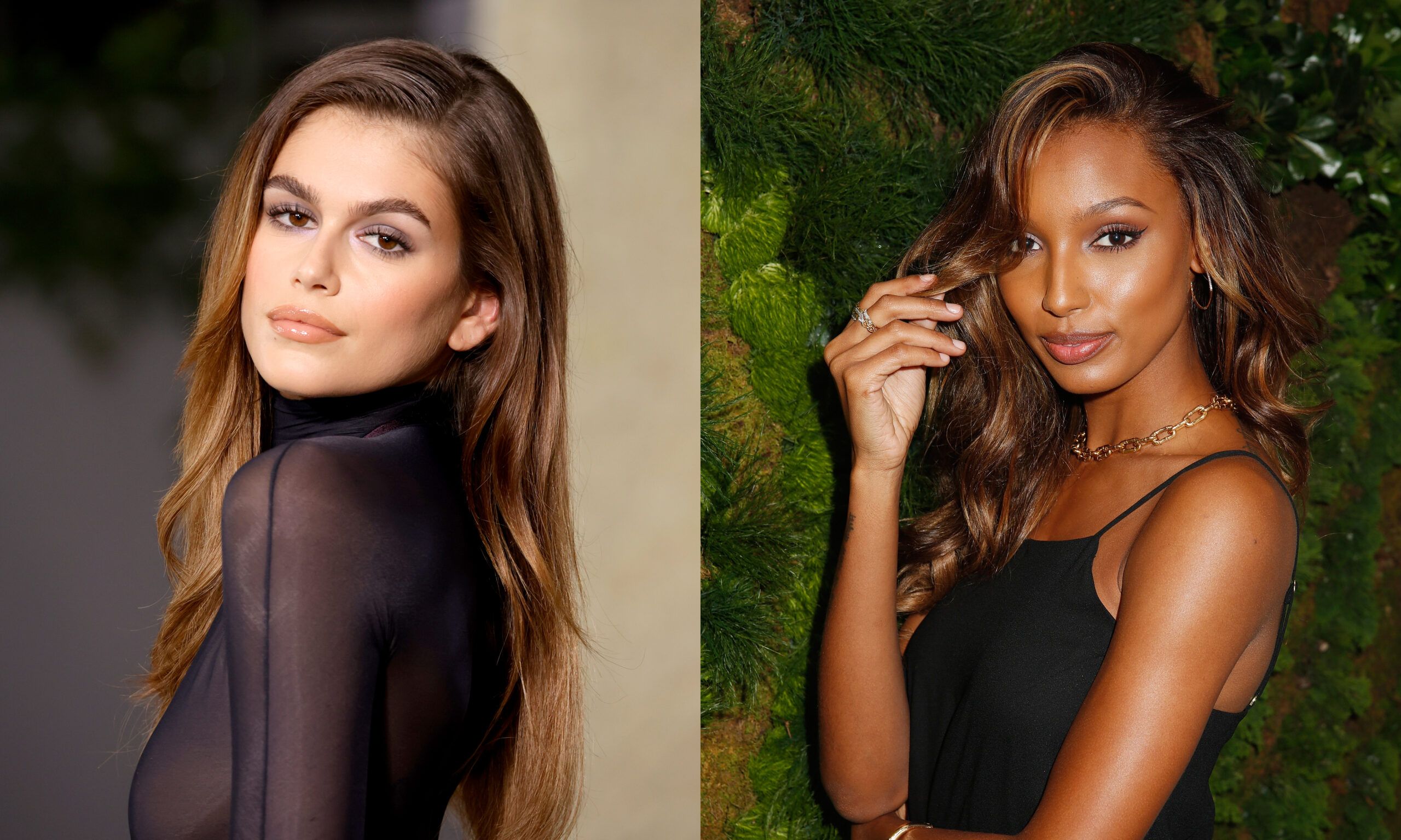 side-by-side images of Kaia Gerber and Jasmine Tookes both wearing black dresses and long, wavy, caramel-highlighted brown hair