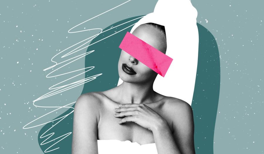 Editorial collage of a woman in black and white with a towel wrapped around her hair and a white wrap on her chest, one hand resting on her collarbone and a pink strip covering her eyes, set against teal shapes, a white scribble line and speckles.