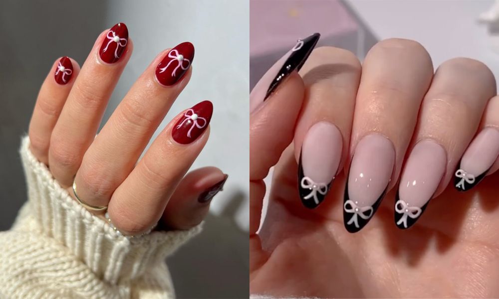 side by side images of dark coquette manicures