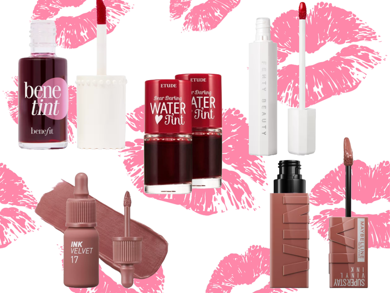 A collage of mature lips lip stains with a lip outline in the background